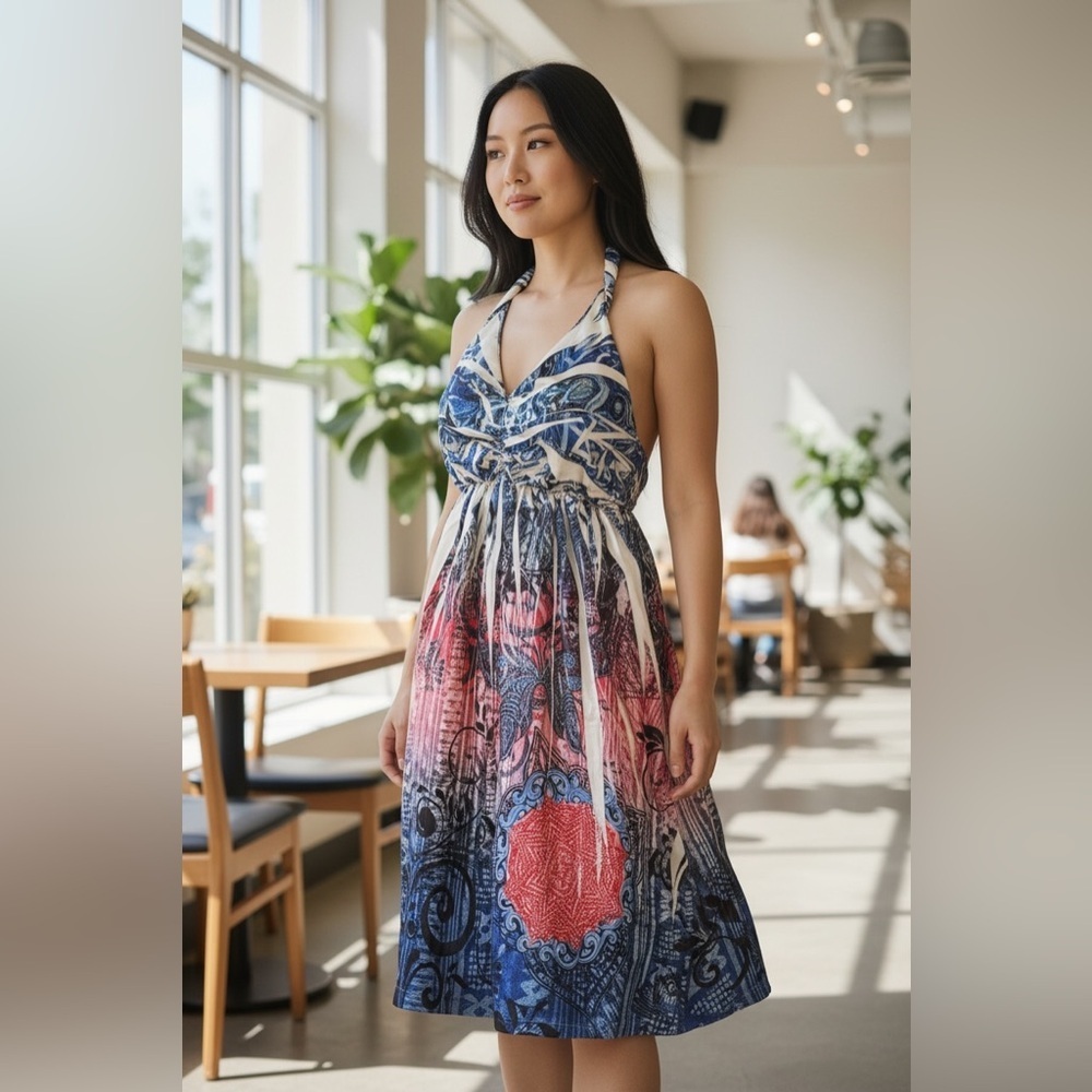 In Gear Multicolor Graphic Halter Dress-Size Large-Inside Bra